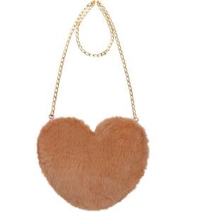 Women Brown Imported Faux Fur Heart Shaped Cute Valentine Clutch Shoulder Bag